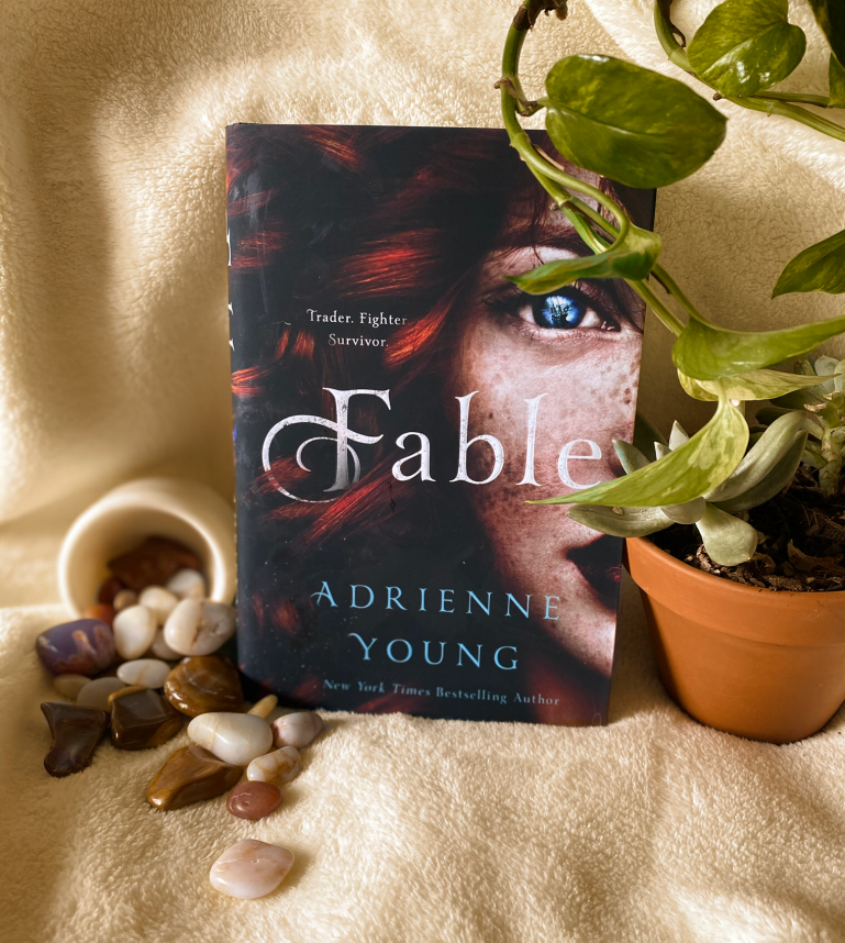 The book Fable sits on a plush blanket. The cover features half of a woman's face, with the shape of a pirate ship reflected in her eye. Next to the book, minerals and gemstones spill out of a cup. On the other side, a green vine hangs down and obscures part of the book cover. 